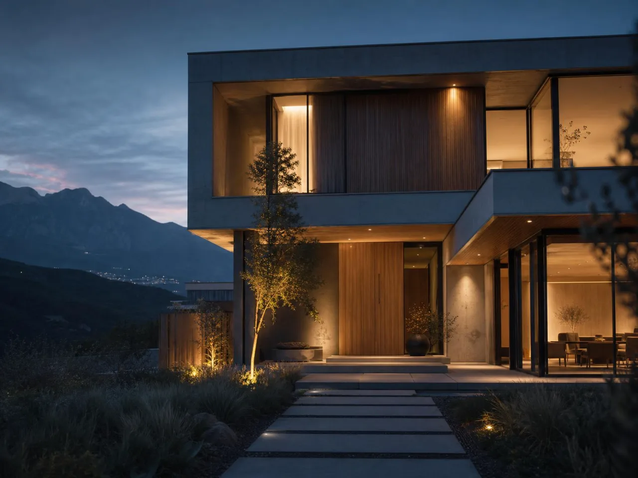 Casa moderna iluminada al anochecer con montañas al fondo