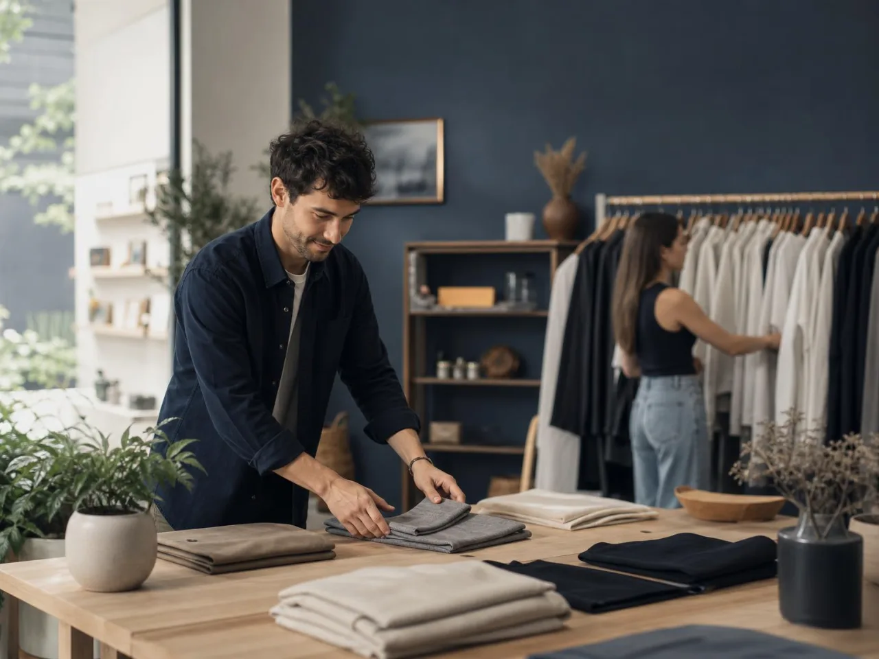 Dueño acomodando ropa en su boutique