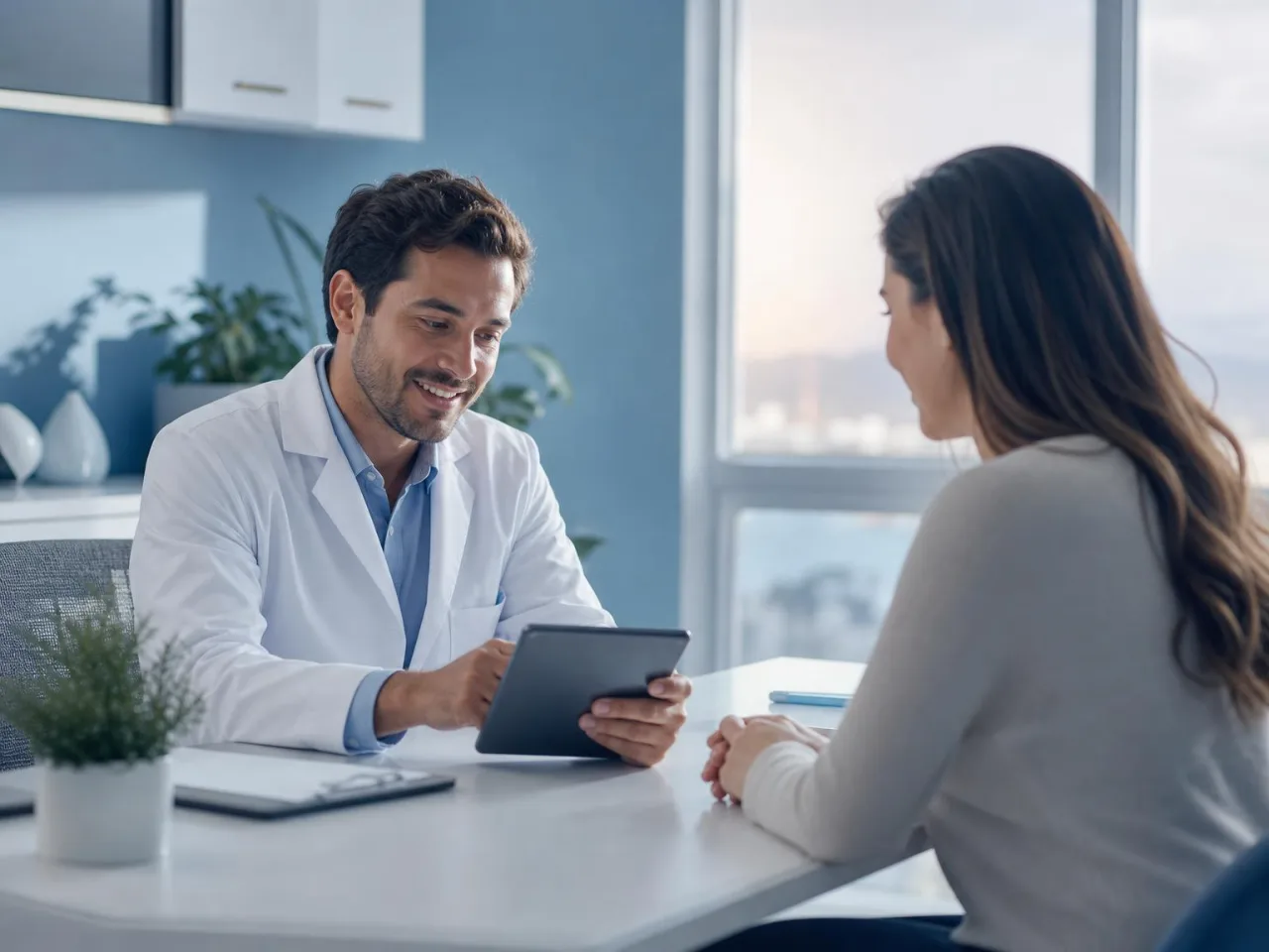 Médico explicando resultados a una paciente en su consultorio